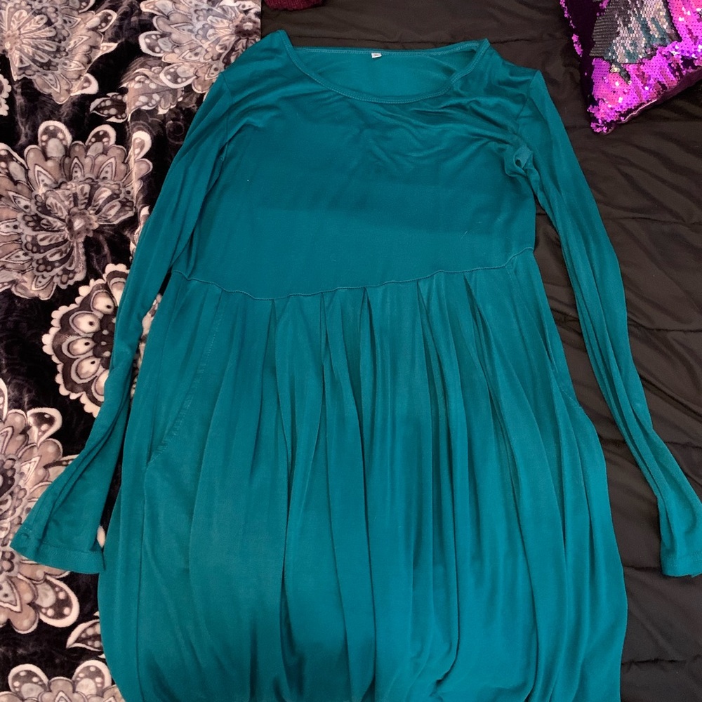 Turquoise long sleeve pocket dress